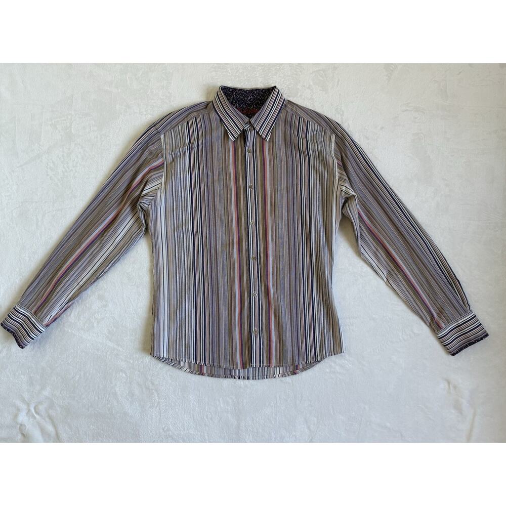 Robert Graham Striped Button Up Floral Flip Cuff 100% Cotton Size 2XL Tall
